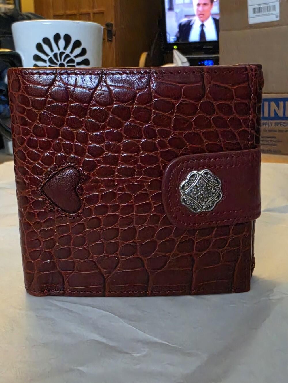 Brighton Croc-Embossed Burgundy Wallet with Silver Medallion